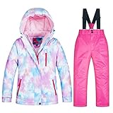 LPATTERN Kinder Jungen/Mädchen Snowboard & Skifahren Bekleidung Zweiteilig Skianzug Schneeanzug Outfit-Set Winddicht Wasserdicht (Skijacke+ Skihose mit Trägern), Mädchen 1 +Rosa, 140-146(Label:14)