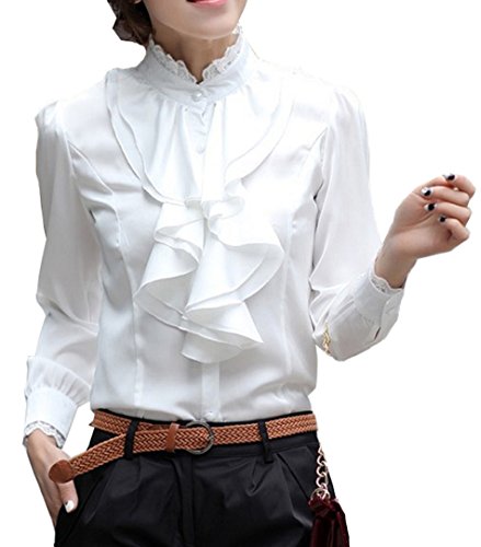 Cheerlife Damenluse Eleganter Top T-Shirt geblümten Spitzen-Einsatz Langarmshirt Spitzenshirt Bluse Shirt Tunika Hemd S Weiß