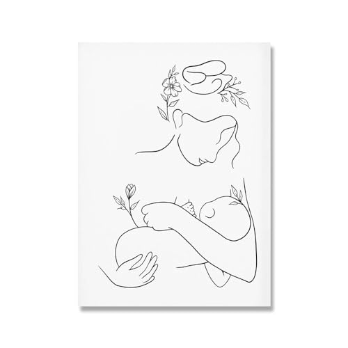 Mutter und Baby Kind Kunstlinie Zeichnung Wandkunst Leinwand Malerei Poster Drucke Abstrakte minimalistische Kindergarten Wohnkultur (Color : A, Size : 50x70 cm No Frame)