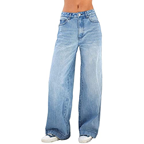 Yokbeer Damen Jeans mit Weitem Bein und Hoher Taille Einfarbige Bell-Bottom-Denim-Hose mit Taschen (Color : Blue, Size : S)