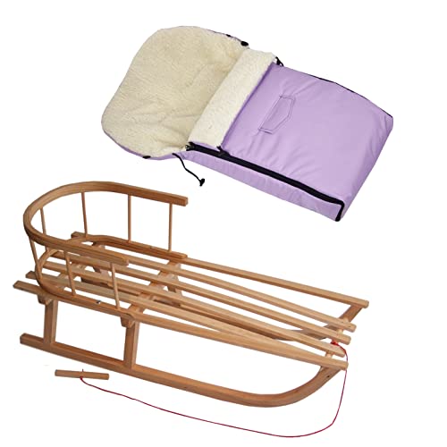Kombi-Angebot Holz-Schlitten mit Rückenlehne & Zugseil + universaler Winterfußsack (90cm), auch geeignet für Babyschale, Kinderwagen, Buggy, Lammwolle Uni (flieder + Schlitten)