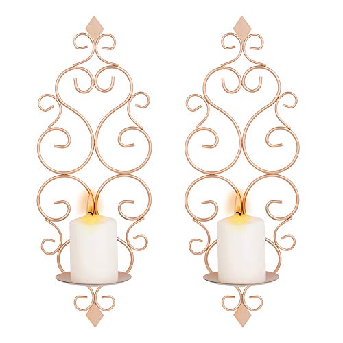 Sziqiqi Iron Wall Candle Sconce Wall Candle Holder Set of 2 Wall Mounted Candle Sconces Holder, for Bedroom Dining Room Wall Decor, Rose Gold