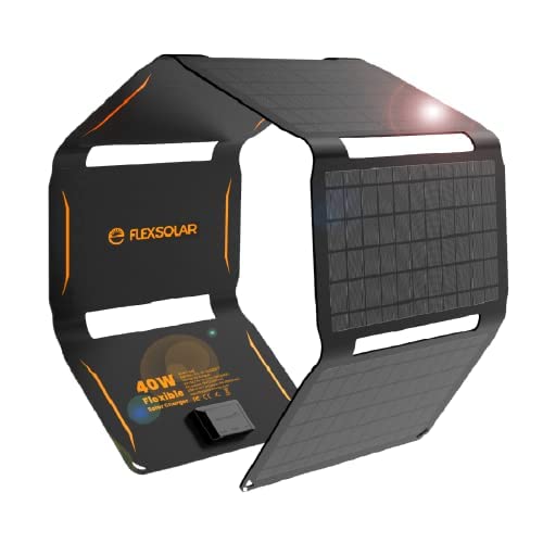 FlexSolar Tragbares Solar-Ladegerät mit 40 W,wasserdicht,IP67,faltbares Solarpanel mit USB QC3.0/Typ C/DC-Anschluss,kompatibel mit Kraftstation,Wohnmobil,Reise,E40,E-40W,Fold: 8.0X 11.1x 1.8 inch