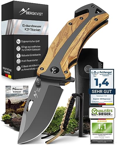 BERGKVIST® K29 Titanium Klappmesser (Einhandmesser) - 3-in-1 Outdoor Messer mit Glasbrecher und Gurtschneider - ausgezeichnet mit dem Bronze A' Design Award 2021