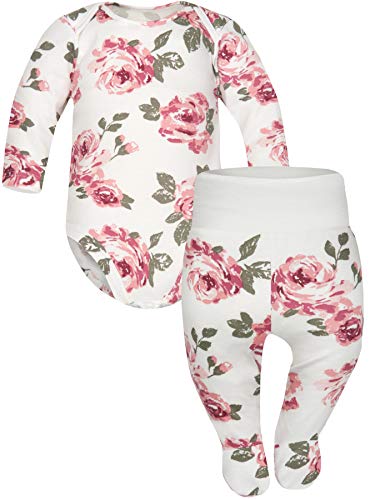 Sibinulo Jungen Mädchen Body Strampler + Hose mit Füßen Kleinkind, 3-6 Monate 100% Baumwolle Babykleidung Set 2er Pack Weiße Rosen
