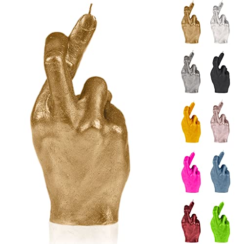 Candellana Kerze Gekreuzte Finger | Höhe: 19,4 cm | Klassisches Gold | Brennzeit 30h | Kerzengröße gleicht 1:1 einer realen Hand | Handgefertigt in der EU