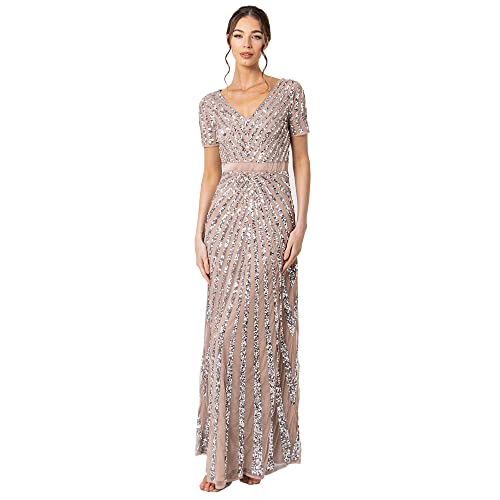 Maya Deluxe Women's Maxi Womens Ladies Embellished Sequin Long Short Sleeve V Neck High Empire Waist A Cut Shiny Prom Weddin Bridesmaid Dress, Taupe, 44