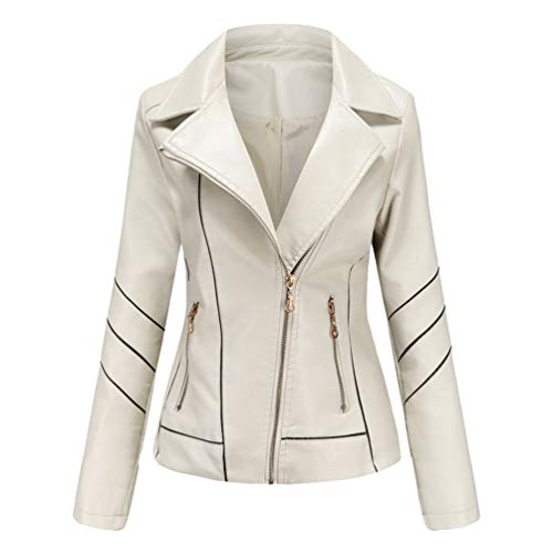 Kaiyei Damen Slim PU Lederjacken Dünne Einsteckkragen Frühjahr Herbst Langarm Elegant Kurz Jacke Lederimitat Bikerjacken Reißverschluss Beige M