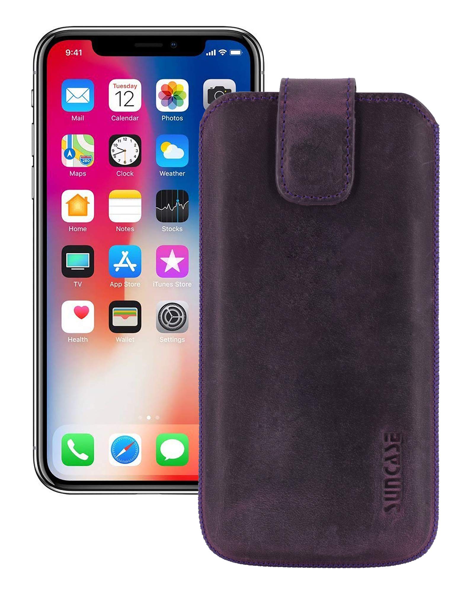 Suncase ECHT Leder Tasche für iPhone XS Max (6.5") mit ZUSÄTZLICHER Transparent Hülle | Schale | Silikon Bumper Handytasche (mit Rückzugsfunktion und Magnetverschluss) in antik lila