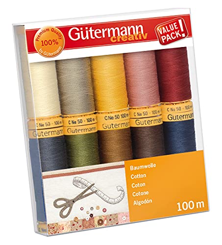 Gütermann creativ Nähfaden-Set mit 10 Spulen Baumwolle 100 m in verschiedenen Farben, Mehrfabig, 100x118x22 mm