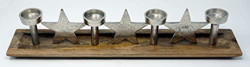 CBK-MS Teelichthalter mit Sterne Kerzenhalter Metall auf Holz Tablett 53,5 x10x10 cm