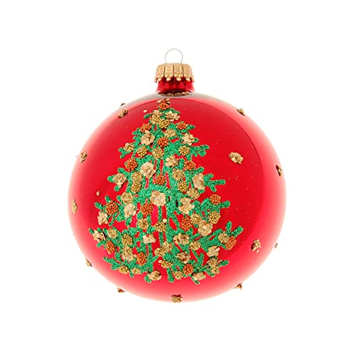 Krebs Glas Lauscha - Weihnachtsdekoration/Christbaumschmuck aus Glas - Weihnachtskugeln - Motiv: Rot glänzende Kugel mit Weihnachtsbaum - Größe: 6 mal 8cm