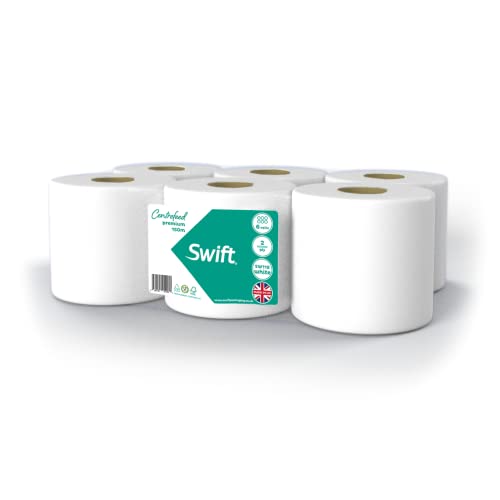 Swift Papiertaschentuchrollen mit Zentralentnahme, Premium-Qualität, Mehrzweck-Küchenrolle, Papiertücher für die Reinigung von Küche, Gewerbe und Zuhause, 2-lagig, 150 m (je 600 Blatt), 6 Stück