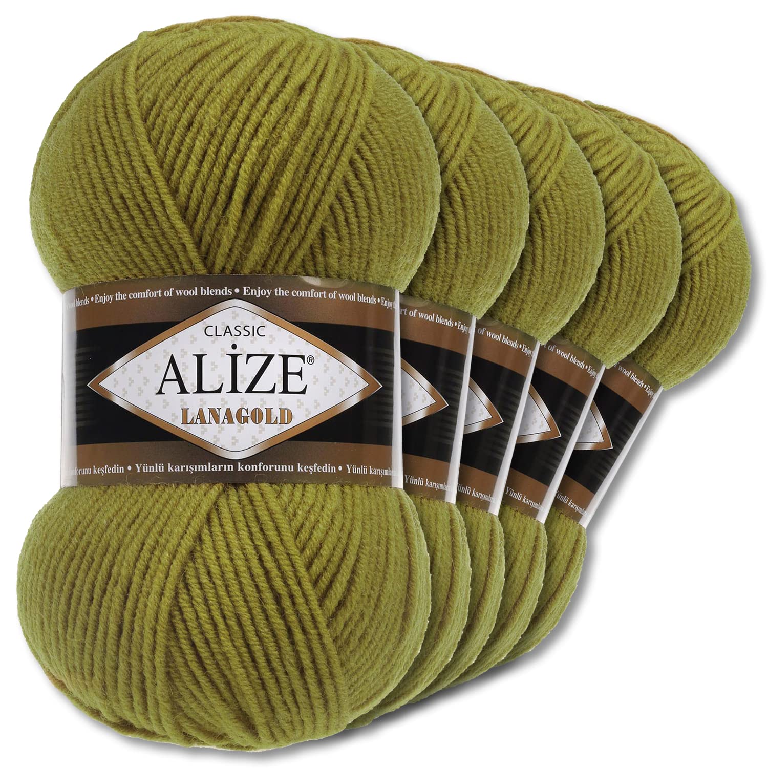 Alize 5 x 100 g Lanagold Wolle | 53 Auswahl | Stricken Häkeln Wolle (758 | Olivgrün)