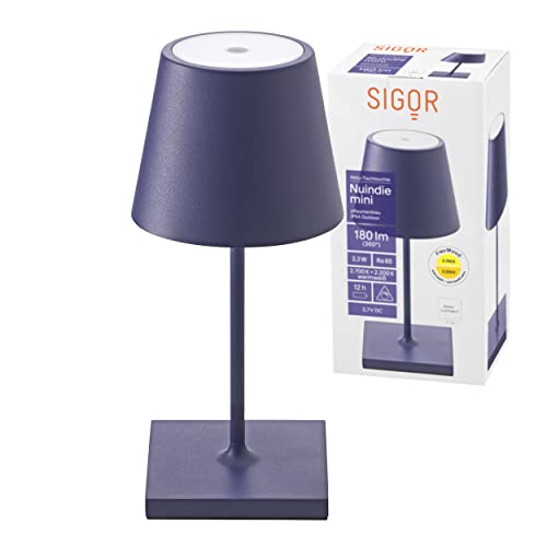 SIGOR Nuindie Mini - Dimmbare kleine LED Akku-Tischlampe Indoor & Outdoor, Höhe 25 cm, aufladbar mit Easy-Connect, 24 h Leuchtdauer, Pflaumenblau