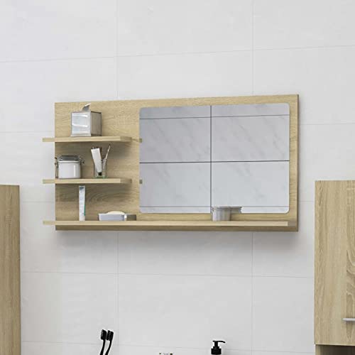 Voupuoda Badspiegel, Badezimmerspiegel, Wandspiegel, Dekorativer, Modernes Design, Sonoma-Eiche 90x10,5x45 cm Spanplatte
