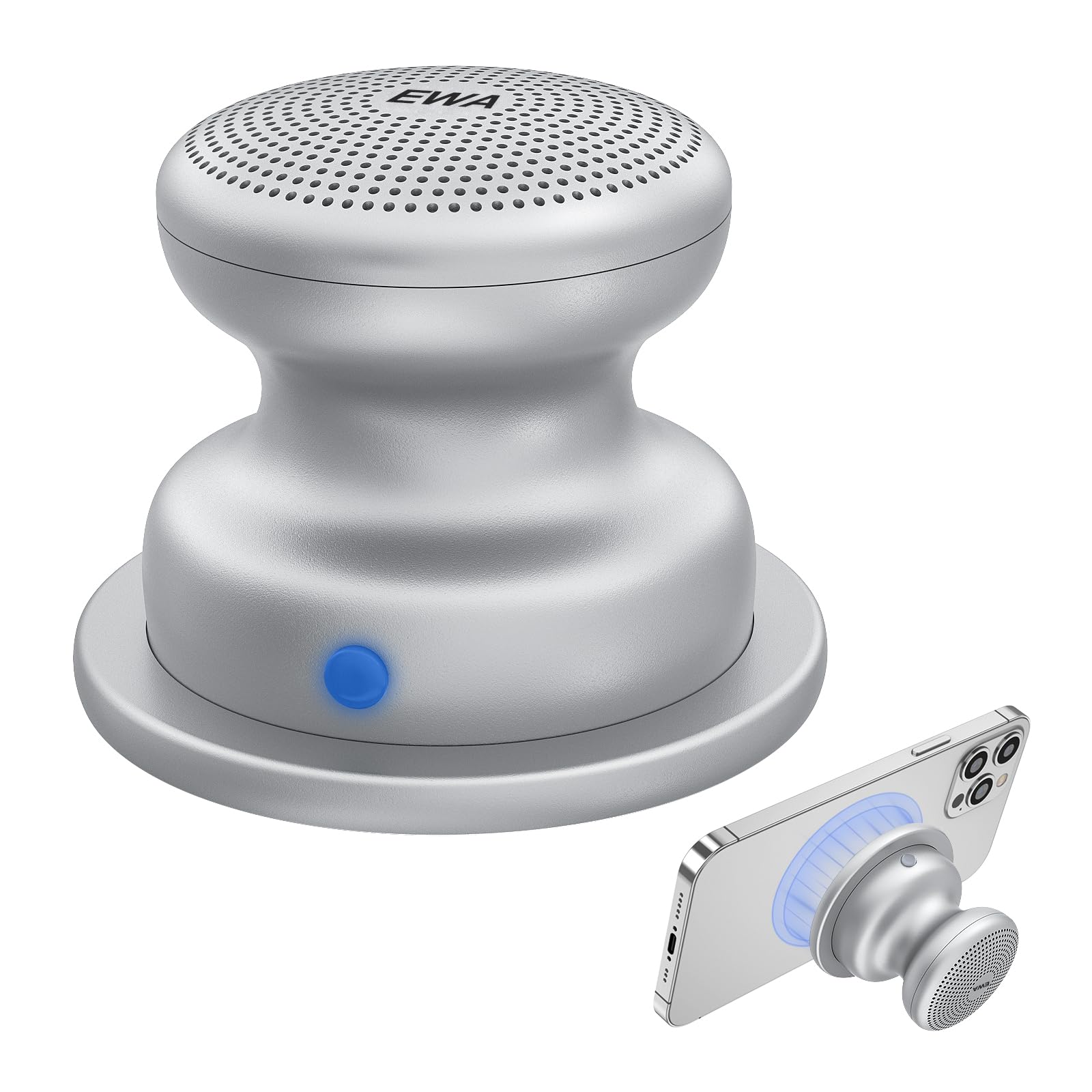 EWA A117 Bluetooth-Lautsprecher, klein, kabellos, Magnetfuß, leistungsstark, wasserdicht, tragbar, leichtes Anbringen an Metalloberflächen, kompatibel mit iPhone 14/13/12, überall einsetzbar, Silber