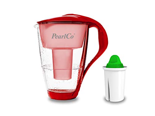 PearlCo - Glas-Wasserfilter (rot) mit 1 Alkaline classic Filterkartusche - passt zu Brita Classic