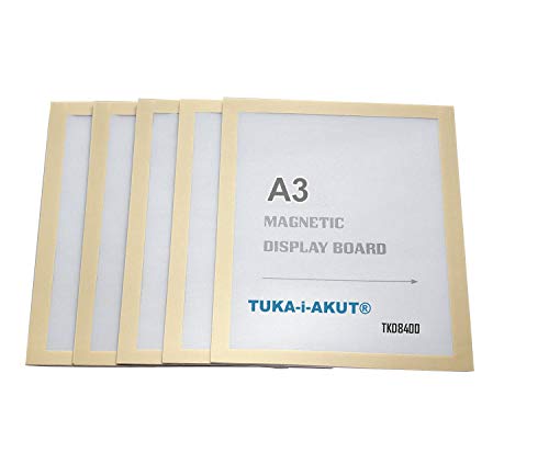 TUKA-i-AKUT 5st. A3 Info-Rahmen Selbstklebend mit Magnetverschluss, Einstecktasche Infotasche Blatthalter, Schnelles Wechseln von Aushängen, Aufklappbarer Magnetrahmen Farbe Gold, TKD8400-A3-5x