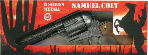 Schrödel J.G. Samuel Colt antik: Spielzeugpistole für Zündplättchen-Munition, in Box, 12 Schuss, passend zum Cowboy-Kostüm, grau / silber (207 0838), 30.5 x 11.5 x 4 cm