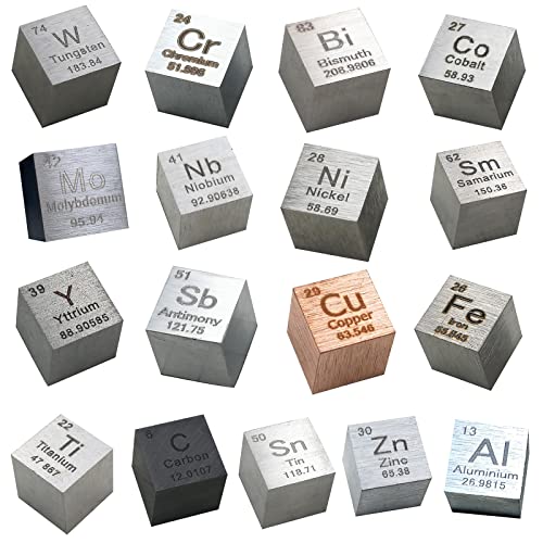 COYOUCO 17 Stück Element Cube Set Dichte Würfel Reines Metall Periodensystem Metallwürfel Wolframwürfel, Ti, Al, Fe, Cu, Etc Für Elementsammlungen Hobbys