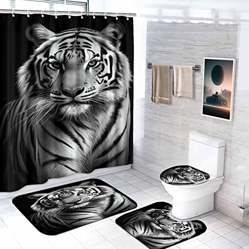 JOSUE 4 STK. duschvorhang-Sets mit rutschfesten Teppichen, Toilettendeckel und Badematte, Schwarzer und weißer Tiger - wasserdichter Stoff-Duschvorhang dekor mit 12 Haken -180x180 cm