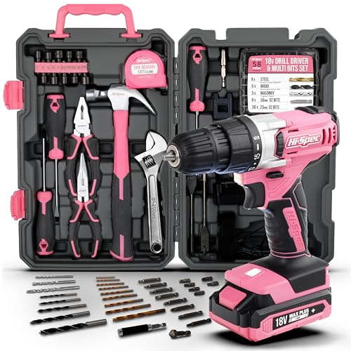 Hi-Spec 81-teiliges Pinkes Werkzeugset mit 18V Pinkem Akkubohrer und Bit Set. DIY für die Frau im Haus. Alles in einem Aufbewahrungskoffer
