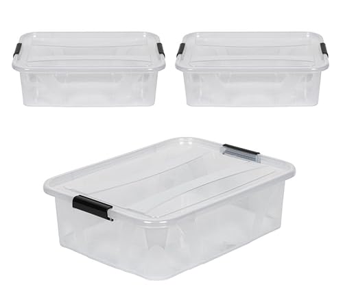 Kreher® XL Aufbewahrungsboxen mit Deckel aus Lebensmittel-geeignetem Kunststoff in Transparent. Stapelbare Lagerboxen für Haushalt, Garage, Industrie (21 Liter, 3er Set)