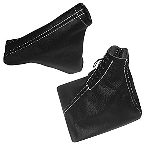 AERZETIX: Satz Schaltsack + Handbremssack Schwarze Farbe 100% Echtes Leder (Weiß Nähten)