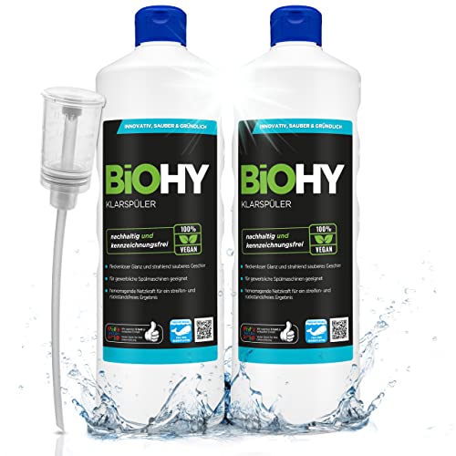 BiOHY Klarspüler (2x1l Flasche) + Dosierer |  Ökologisches Hochkonzentrat | Geeignet für alle (gewerblichen) Spülmaschinen, für unschlagbaren Glanz auf Gläsern & Geschirr | BIO-logisch abbaubar