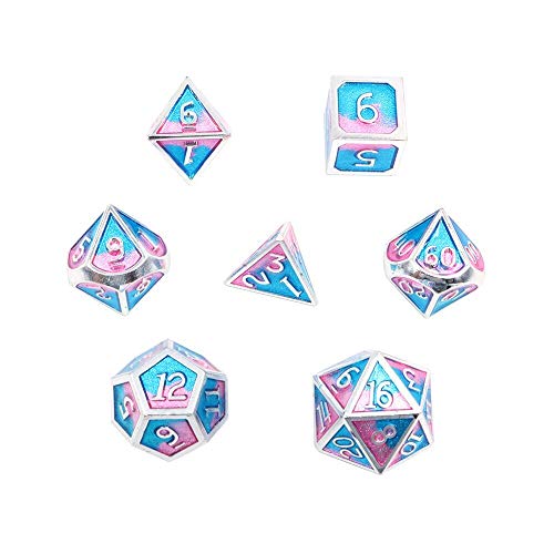 Fasizi 7-teiliges Metall-Würfel-Set, DND-Spiel, polyedrisches D&D-Würfel-Set aus massivem Metall, mit Aufbewahrungstasche für Rollenspiele, Dungeons und Drachen (Double Color Mix Blue and Pink)