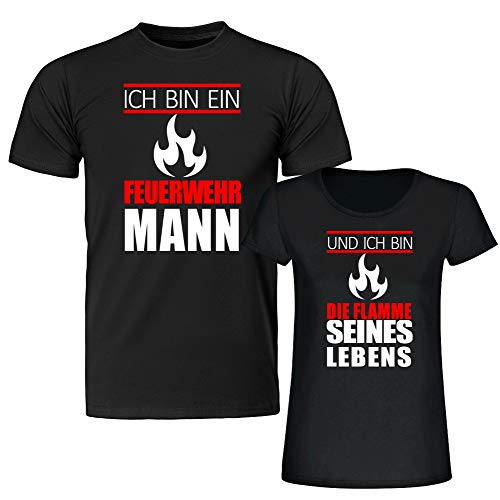 Schwarze Partner T-Shirts -Ich Bin EIN Feuerwehrmann – Und ich Bin die Flamme seines Lebens- Geschenkidee für Paare - Shirt mit Spruch (Feuerwehr)