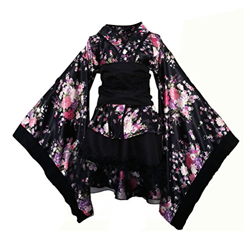 OULII Lolita Kimono, Japanische Cosplay Kimono Kostüm für Damen Mädchen Größe XXXL (schwarz)