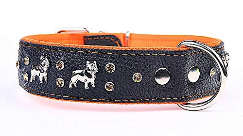 Capadi K0376 Weites Hundehalsband für Bulldoge verziert mit Ornament und Christallsteinen aus echtem strapazierfähiges Leder weich unterlegt, Orange, Breite 40 mm, Länge 55 cm