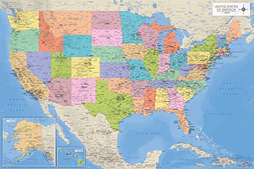 Landkarten - Map of The USA englisch - Bildungsposter Plakat Druck 1:6 Mio. - Grösse 91,5x61 cm - USA Map - English Version + Zusätzlich: 1 Korkplatte 61x91,5x1,0 cm - Naturprodukt