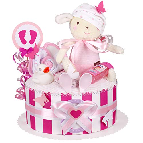 MomsStory - Windeltorte Mädchen | DIY Windelgeschenk | Schaf Spieluhr | Baby-Geschenk zur Geburt Taufe Babyshower | 1 Stöckig (Rosa-Pink) mit Baby-Spielzeug Lätzchen Schnuller Windeln & mehr