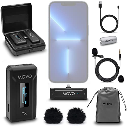Movo WMX-2-L Kabelloses Lavalier-Mikrofon für iPhone mit Ladekoffer, Onboard-Mikrofon, Ansteckmikrofon, 7-Stunden-Akku, 328-Fuß-Reichweite, einstellbare Verstärkung, LED-Anzeige, Videoaufnahme