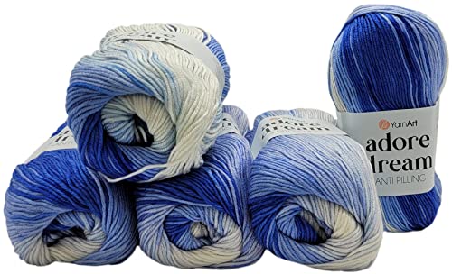 5 x 100 Gramm YarnArt Adore dream antipilling Strickgarn, Wolle mehrfarbig, 500 Gramm Farbverlauf Strickwolle (blau weiss 1067)