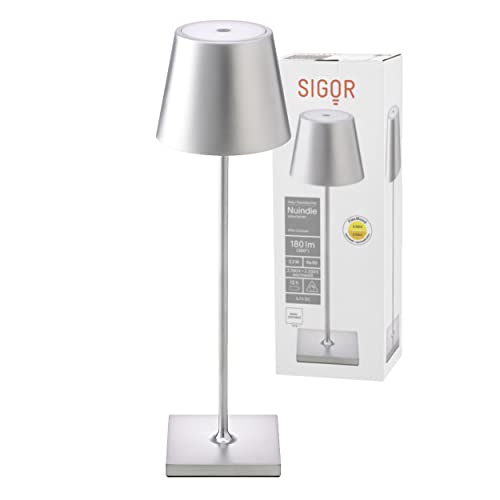 SIGOR dimmbare LED-Akku-Tischlampe für den Garten, Terrasse, Balkon - 9 Stunden Laufzeit ohne Kabel Nuindie, silber