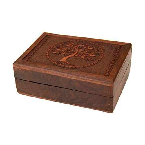 lillybox Schatulle Kästchen Schmuckkästchen Tarotdose aus Holz (schwarzes Polster) mit geschnitztem Baum handgemacht