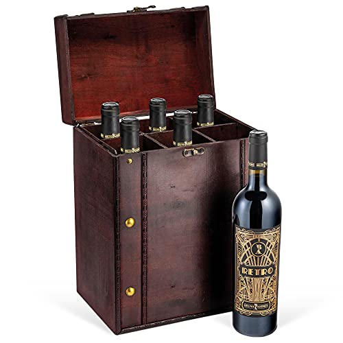 Wein Geschenk 6er Set Retro Rotwein in antiker Holzkiste - Maison Privée - 6 x 0,75 L