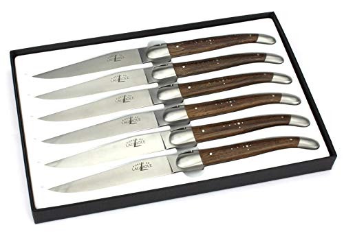 Forge de Laguiole - 6er Set Steakmesser - Griff fossile Mooreiche - Edle Tafel-Messer - Stahl matt satiniert
