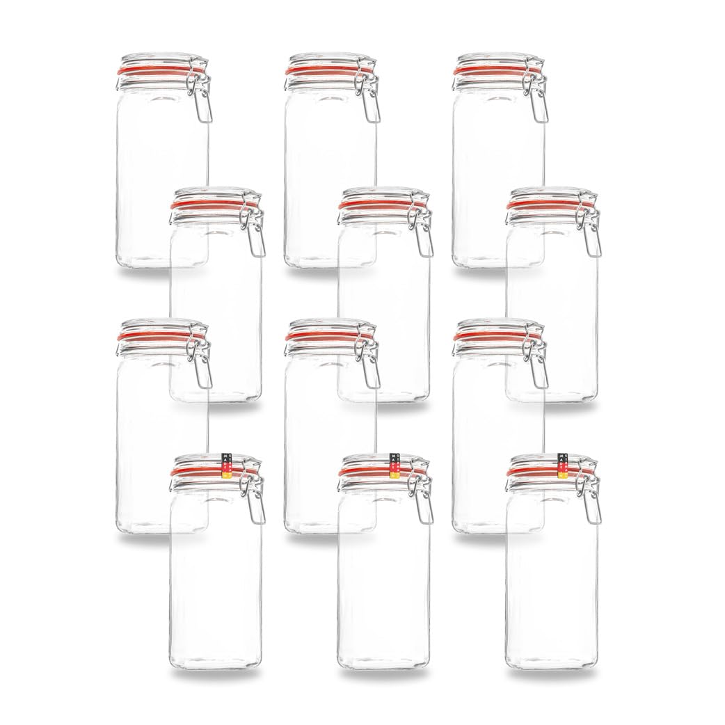 Flaschenbauer- 12 Drahtbügelgläser 1550ml verwendbar als Einmachglas und Fermentierglas, zu Aufbewahrung, Gläser zum Befüllen, leere Gläser mit Drahtbügel - made in Germany