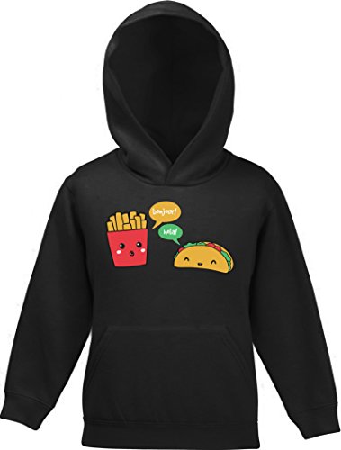 Lustiger Kinder Kids Kapuzen Sweatshirt Hoodie - Pullover mit Taco Pommes Motiv, Größe: 128,Schwarz