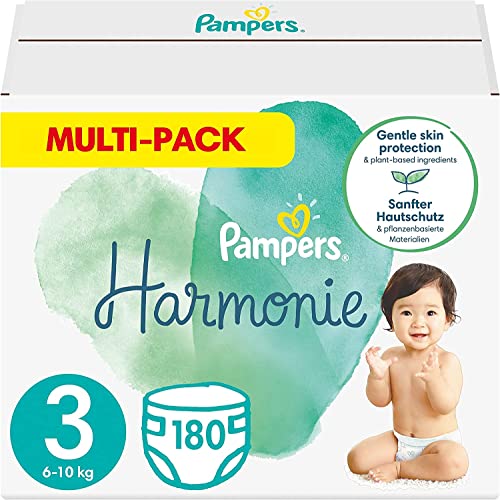 Pampers Größe 3 Harmonie Baby Windeln, 180 Stück, MONATSBOX, Mit Premium-Baumwolle Und Pflanzenbasierten Materialien (6-10 kg)