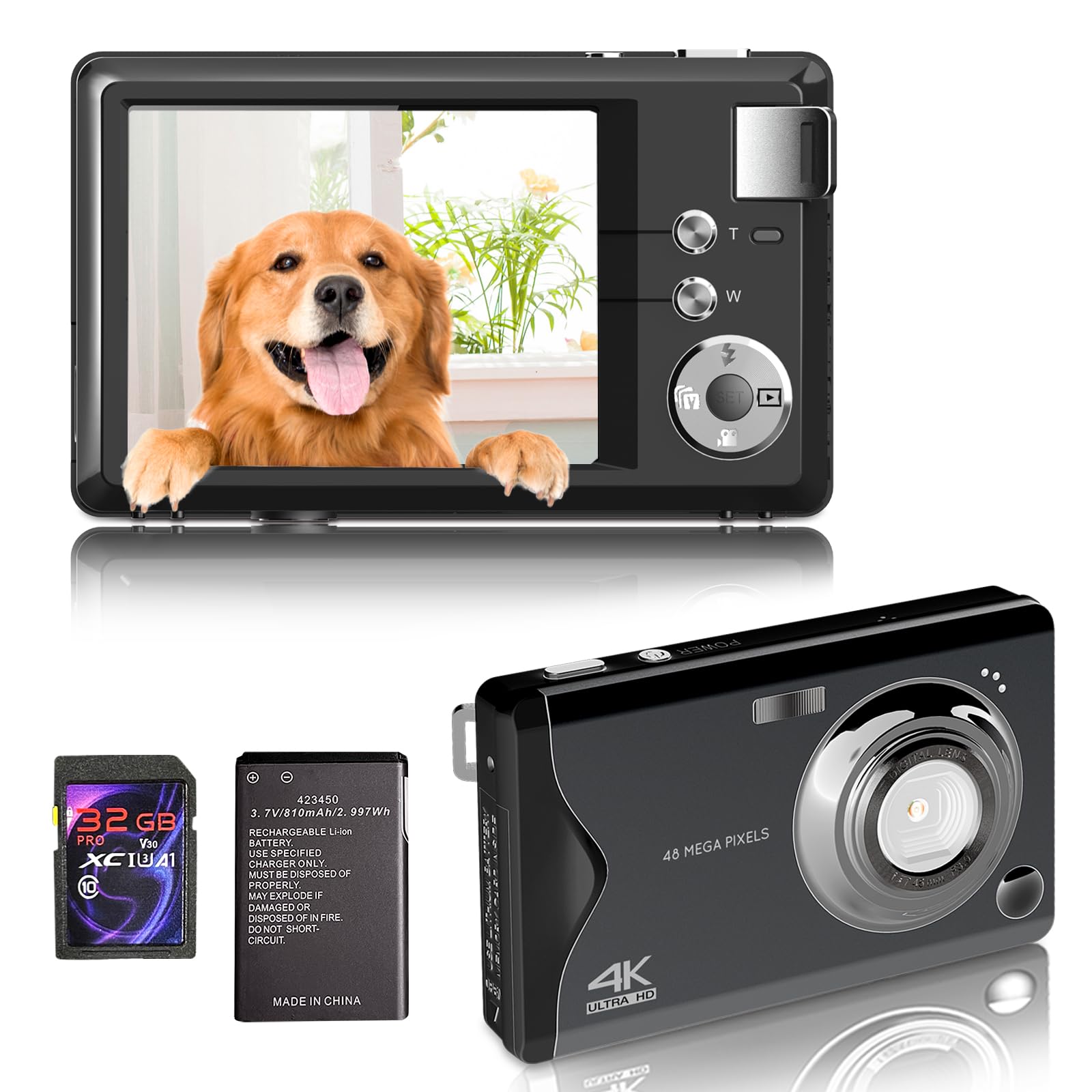 Digitalkamera, 4K HD 1080P 48MP Fotokamera Kompaktkamera, Mini Digitalkamera mit 32GB SD-Karte FHD Fotokamera, Digital Kamera mit LCD-Bildschirm 16X Digitalzoom für Anfänger (Schwarz)