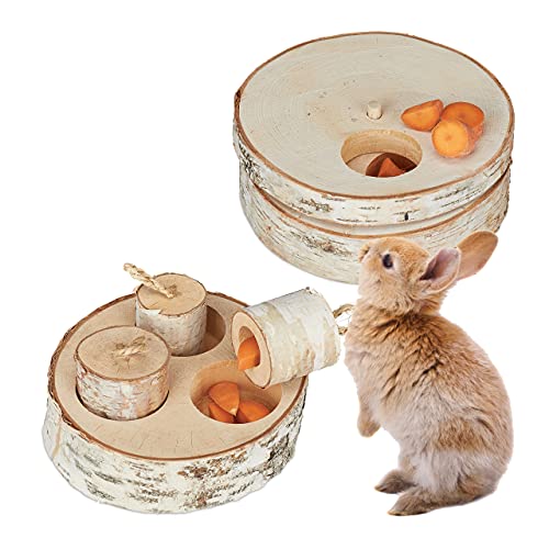 Relaxdays Kaninchen Spielzeug, 2 TLG. Set, Intelligenzspielzeug, Holz, Beschäftigung Hasen & Meerschweinchen, Natur