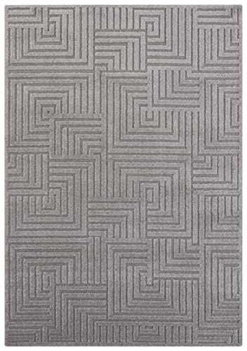 Elle Decoration Manipu Flauschiger Kurzflor Teppich Moderner Wohnzimmerteppich – Hoch Tief Effekt Weich Labyrinth Muster-für Wohnzimmer Schlafzimmer Küche oder Esszimmer Grau, 80x150cm, 80x150 cm