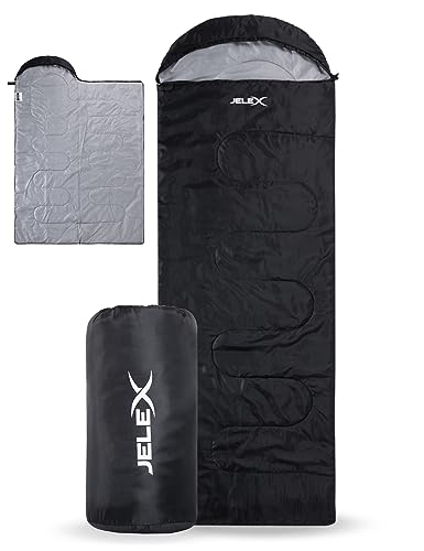 JELEX Outdoor Camping ultraleichter Schlafsack 220 x 75 cm, Komfortbereich 15 °C, mit Kapuzen-Kopfteil und Deckenfunktion, aus antistatisches Material (schwarz)