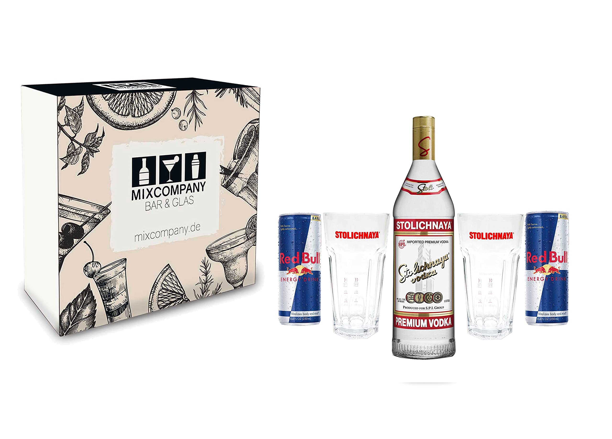 Stolichnaya Geschenk Set - Stolichnaya Vodka 1000ml (40% Vol) + 2 Gläser + 2 Red Bull 250ml - Inkl. Pfand EINWEG